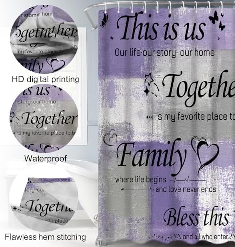 Lnond 4Pcs Shower Curtain Set with Toilet Lid Cover and Non-Slip Rugs for Bathroom,Purple Grey Abstract Motivational Bathroom Sets with Shower Curtain and Rugs