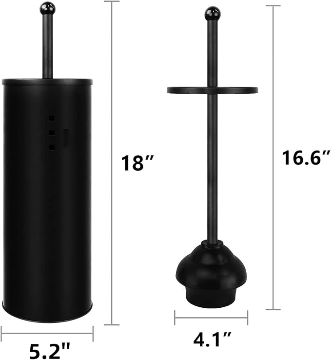 Black Toilet Plunger with Holder Bathroom Metal Canister Holder Drip Cup, Heavy Duty, Deep Cleaning