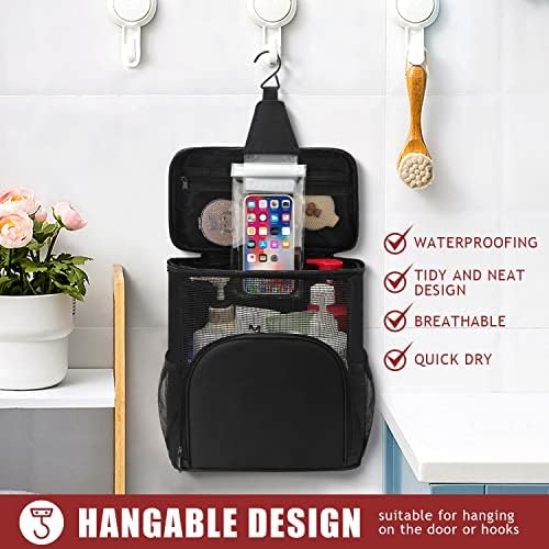 EIMMBD Hanging Shower Bag, Shower Caddy Portable Larger Capacity with Phone Storage, Upgraded Shower Tote Bag for College, Dorm,Travel, Gym, Camp, Mesh Shower Caddy for Women, Men(Black)