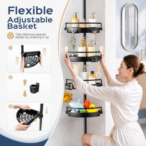 HAMITOR Corner Shower Caddy Tension Pole: Adjustable Stainless Steel Shower Organizer 4 Tier Shelf for Bathroom Bathtub Shampoo - Floor Standing Rack Bath Storage Holder with Rust Proof Rods - Black