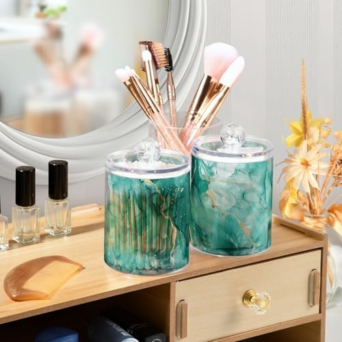 Fustylead 4 Pack Teal Marble Watercolor Background Plastic Apothecary Jar Set for Cotton Swab, Ball, Pad, Floss, Qtip Holder Dispensers for Bathroom Storage Organizer
