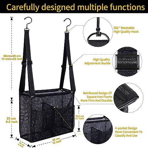 4 Storage Pockets Adjustable Hanging Mesh Bathroom Bag, Shower Caddy College with Hooks, Applied to College Dorm Rooms, Gym, Swimming and RV Travel (Black)