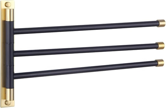 GERZWY SUS 304 Stainless Steel Bathroom Hand Towel Rack 3-Bar Folding Arm Swivel Hanger Bath Towel Holder Swing Out Towel Bar Wall Mount (Black & Gold) HYG03-BD