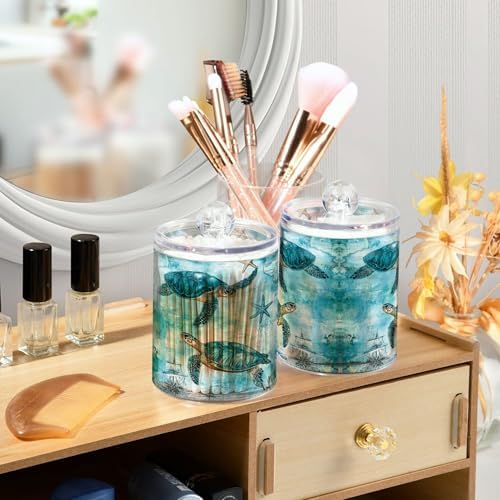 MNSRUU 4 Pack Qtip Holder Organizer Dispenser Turtle Starfish Map Sailing Bathroom Storage Canister Cotton Ball Holder Bathroom Containers for Cotton Swabs/Pads/Floss