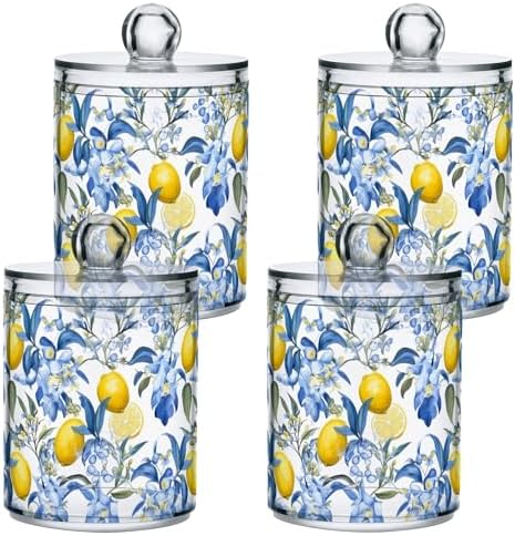 4 Pack Qtip Dispenser 10 Oz Apothecary Jars with Lids Sicilian Style Lemons and Blue Flowers Bathroom Storage Organizer for Cotton Ball, Swab, Floss, Makeup Sponges, Hair Clip