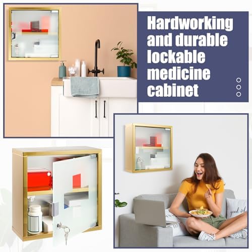 Timgle First Aid Wall Cabinet with Lock Medicine Wall Mounted Bathroom Storage Hanging Medical Cabinet with Safety Glass Door for Bathroom(2 Shelves,Light Gold)