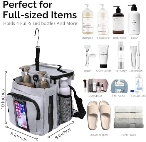 TERRA HOME Portable Shower Caddy Bag- Large Capacity, Quick Dry with Metal Hook - Hanging Shower Bag - Breathable Mesh Toiletry Shower Tote for Gym and College Dorm (Grey, Extra Large)
