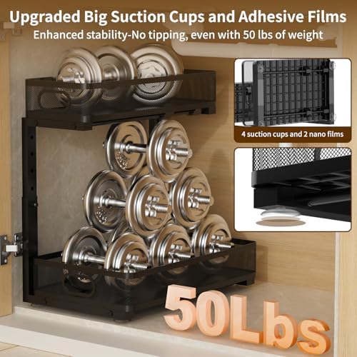 Under Sink Organizer 1 Pack, 2-Tier Slide Out Cabinet Organizer with Metal Sliding Drawer and Hooks, Pull Out Storage Baskets for Kitchen Bathroom Pantry Cabinet Organization (Black (1 pack))