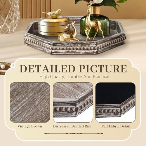 Wooden Decorative Tray, Small Serving Tray with Wood Bead, Farmhouse Big Tray for Ottoman, Countertop, Coffee Tabl, 13" x 13"x 1.6" (Retro Brown)