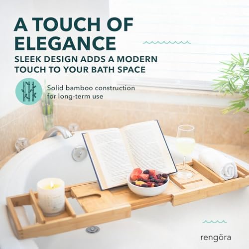 Expandable Bamboo Bath Tray for Tub – 43" Wooden Bathtub Caddy with Shelf – Spa Bathroom Decor & Accessories for Women – Bathtub Tray for Relaxation & Storage