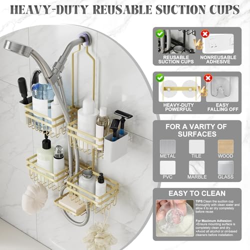 Shower Caddy Hanging for Bathroom Organizers and Storage - 3-Tier Adjustable Anti-Swing Shower Organizer Hanging with Heavy-Duty Suction Cups, Damage-Free Rustproof (Gold)