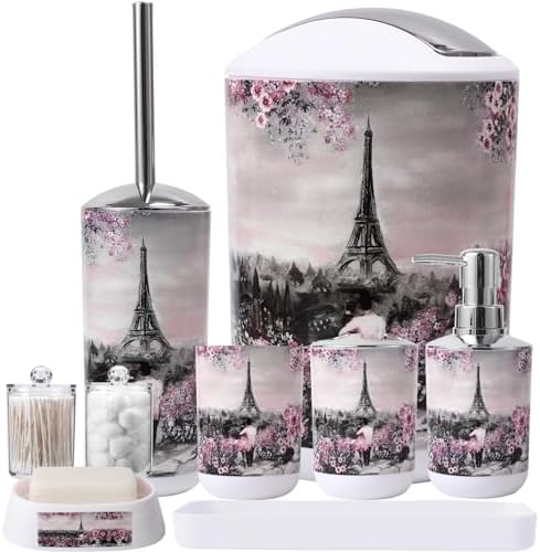 Bathroom Accessories Set Complete 9 Piece Bathroom Sets with Toothbrush Holder,Toothbrush Cup,Lotion Soap Dispenser,Soap Dish,Toilet Brush,Trash Can,Qtip Holder