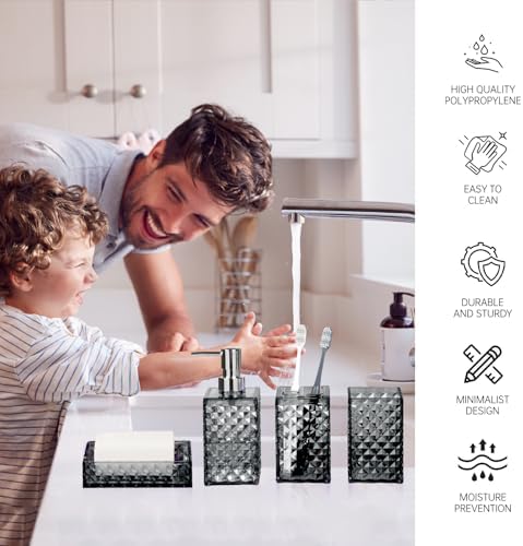 Bathroom Accessory Set, Grid Pattern 4 Pcs Plastic Bathroom Set, Grey