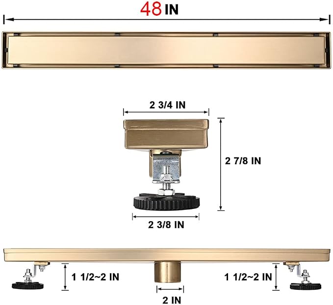 AVSIILE Linear Shower Floor Drain, Brushed Gold 48 Inch 304 Stainless Steel Bathroom Drains Kit, Rectangular Shower Trench Drain with Reversable Tile-in Pattern Drain Cover & Hair Catcher