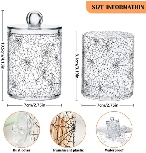 2 Pack Plastic Qtips Holder Halloween Spider Web Bathroom Organizer Canisters for Cotton Balls/Swabs/Pads/Floss,Plastic Apothecary Jars for Vanity