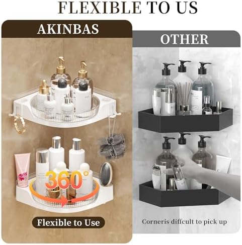 akinbas Corner Shower 2 Tier Caddy Lazy Susan Organizer 360 Rotating Corner Shelf Wall Mounted with No Drilling Shelves for Bathroom Dorm and Kitchen (White)