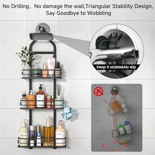 3 Tier Hanging Shower Head Caddy, Adjustable Hanging Shower Caddy Over Showerhead, No Drilling Handing Racks Rustproof for Bathroom Shampoo Soap Storage