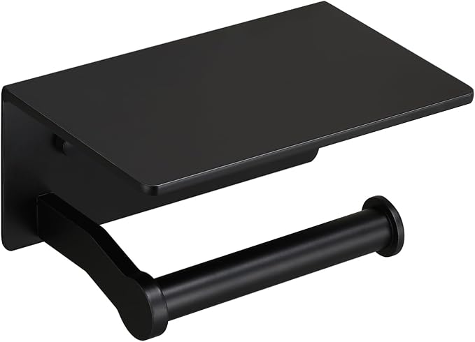 Toilet Paper Holder with Cell PhoneShelf - Toilet Tissue Holder with Wipes Storage, Wall Mounted by Adhesive Tape or Screw - Matte Black