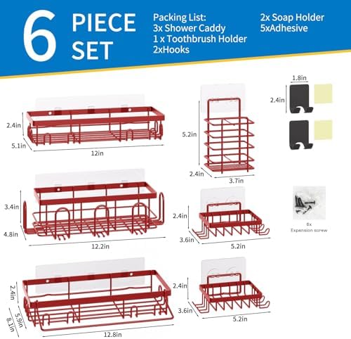 DTUQYX Shower Caddy 9 Pack,Adhesive Organizer for Bathroom Decor Accessories & Kitchen Storage,No Drilling,Large Capacity,Rustproof Stainless Steel Organizer,Home Decor Shelves (Red 9 Pack)