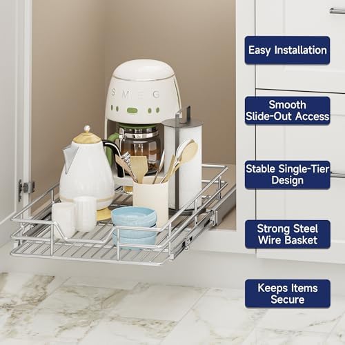 Pull Out Cabinet Organizer, 12.5" W x 21.5" D, Heavy Duty Chrome Slide Out Shelf for Narrow Base Cabinets, Sliding Wire Basket Drawer for Spices, Bottles, Snacks & Cleaning Supplies