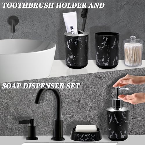 XLHOMO Black Marble Bathroom Accessories Set, Black Bathroom Set with Trash Can, Vanity Tray, Soap Dispenser, Soap Dish, Toothbrush Holder, Toothbrush Cup, Toilet Brush and Qtip Holders for Bathroom