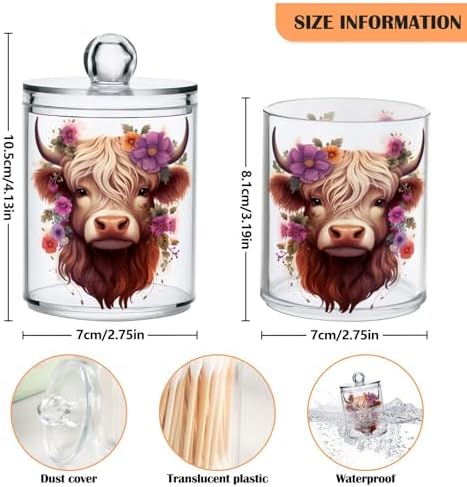 MNSRUU 2 Pack Qtip Holder Organizer Dispenser Highland Cow Pink Bathroom Storage Canister Cotton Ball Holder Bathroom Containers for Cotton Swabs/Pads/Floss