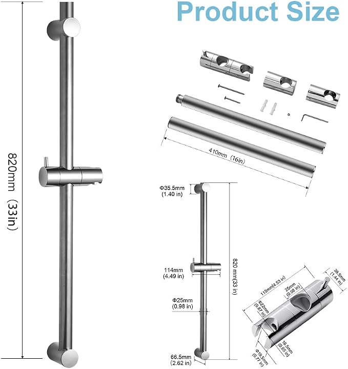 OFFO Shower Slide Bar 33 in Segmental Slide Bar Adjustable Installation Distance 20-32 in with 360° Adjustable Handheld Shower Head Holder for Bathroom, Screw Wall Mounted, Chrome Finish (Pack of 2)