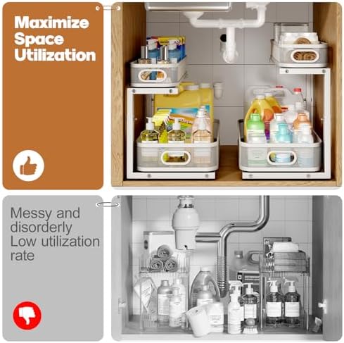 2 Pack 21.3IN-Depth Under Sink Organizer with Smooth Cylindrical Rail,2-Tier Pull Out Multi-Purpose Cabinet Storage for Bathroom&Kitchen,Height Adjustable,Rust-Resistant Coating-White