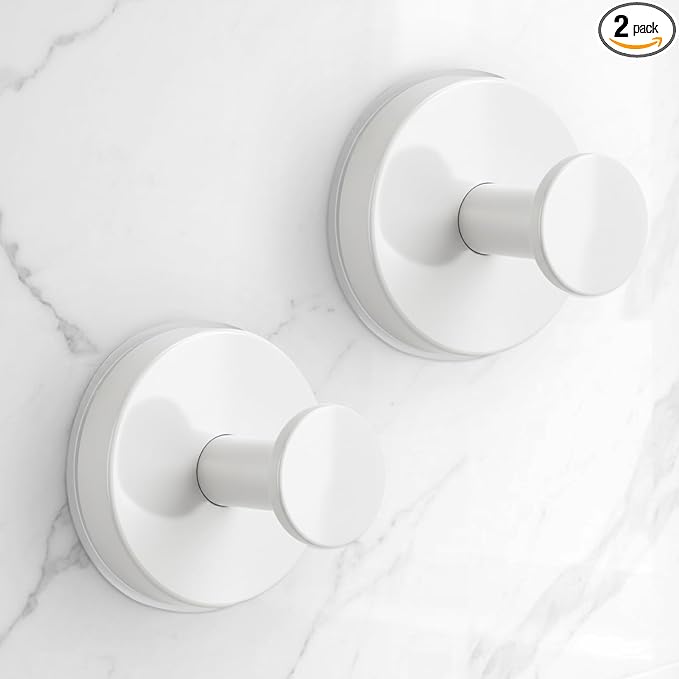 Large Suction Cup Hooks for Shower,Glass Window&Door,Mirror,Reusable Shower Hooks,No-Drill Removable Towel Hooks for Bathroom,2 Packs(Matte White)
