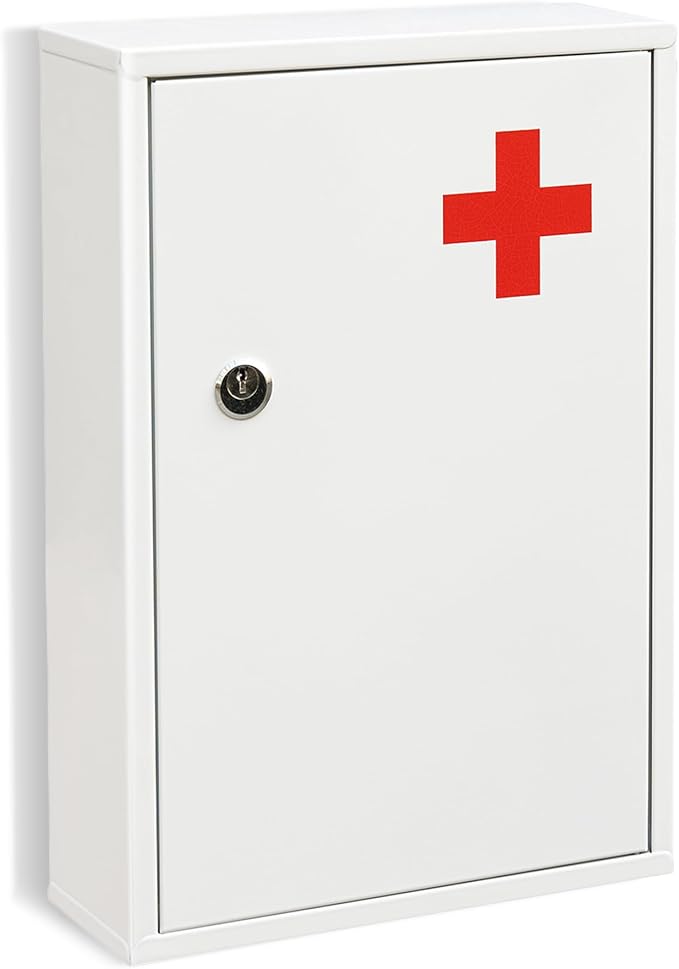 Wall Mount Locking Medicine Cabinet Organizer, Medicine Lock Box with Key, First Aid Box Empty Wall Cabinet, Secure Steel Medication Box