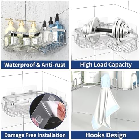 Menbyci 3 Pack Corner Shower Caddy, Adhesive Bathroom Shelves with 18 Hooks, Drill-Free & Quick-Dry Shower Organizer with Large Capacity, Rustproof Stainless Steel Bathroom Corner Storage Rack, Silver