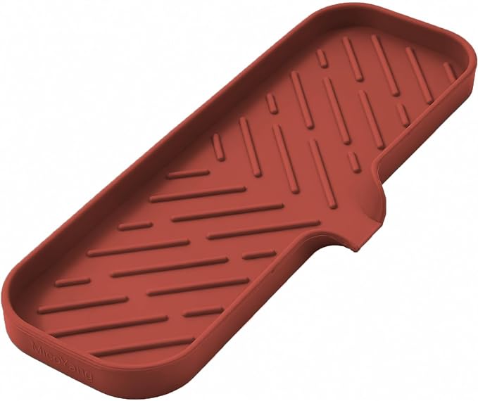MicoYang Silicone Soap Dish with Drain Spout — Self-Draining Double Sink Organizer Tray for Kitchen & Bathroom, Dispensers, Sponges & Soap Holder, Non-Slip & Dishwasher Safe, Red (Large, 12"×4")