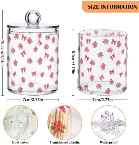 ALAZA Rose Flower Bow White 2 Pack Qtip Holder Dispenser for Cotton Swabs, Balls, Pads, Floss 10 oz Plastic Canister Organizer