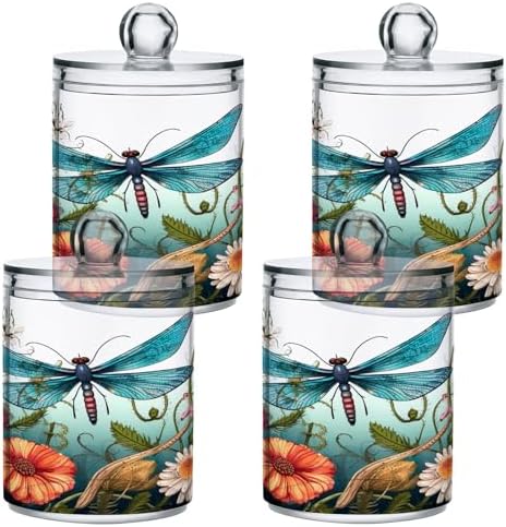Dragonfly Flowers 4 Pack Qtip Holder Dispenser with Lids, Plastic Storage Containers, Bathroom Canisters Organizer for Cotton Swab, Floss 21214450
