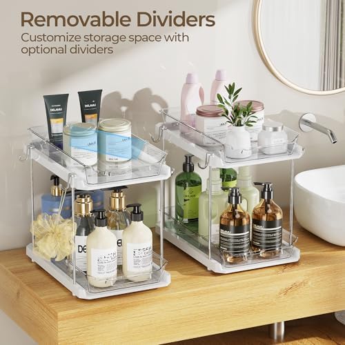 Delamu 2 Tier Under Sink Organizer Bathroom, Bathroom Cabinet Organizer with Snap-Lock Design and Hooks, Pull Out Storage with Movable Dividers, for Countertop, Kitchen and Pantry (White, 2 Pack)