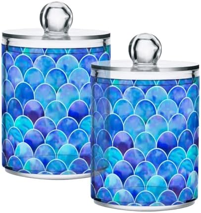 MNSRUU 2 Pack Qtip Holder Organizer Dispenser Blue Scales Of Mermaid Bathroom Storage Canister Cotton Ball Holder Bathroom Containers for Cotton Swabs/Pads/Floss