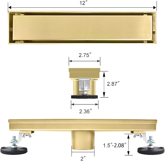 Linear Shower Drain, 12 inch Gold Drain with Tile Insert 2-in-1 Panel, Brushed 304 Stainless Steel Gold Shower Floor Drain, Linear Drain with Hair Strainer and Adjustable Feet