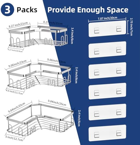 Menbyci 3 Pack Corner Shower Caddy, Adhesive Bathroom Shelves with 18 Hooks, Drill-Free & Quick-Dry Shower Organizer with Large Capacity, Rustproof Stainless Steel Bathroom Corner Storage Rack, Silver