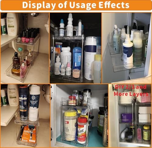 2 Set,2 Tier Pull Out Cabinet Organizer for Supplement and Medication Bottle Organizers,10.4" Deep Pantry Organizers Drawer and Sliding Clear Under Sink Organizer for Bathroom Vanity and Under Counter