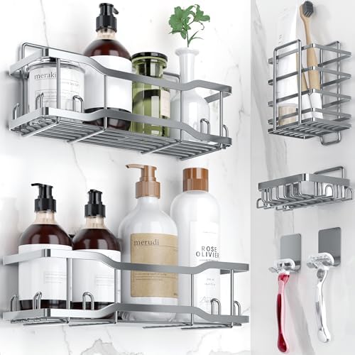 Shower Caddy Bathroom Shelves, The Athena Silken 4 Set, 40LB Capacity, Adhesive Tape - No Drill - Rustproof -Gorgeous Powder Coated 304 Stainless Steel Shower Organizer for kitchen & Home Decor - Grey