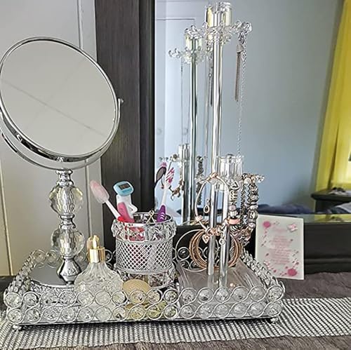 Hedume Crystal Cosmetic Mirrored Makeup Tray, 12.3" x 8", Large Jewelry Organizer, Ornate Decorative Vanity Tray for Dresser, Countertop, Wedding, Home, Bathroom