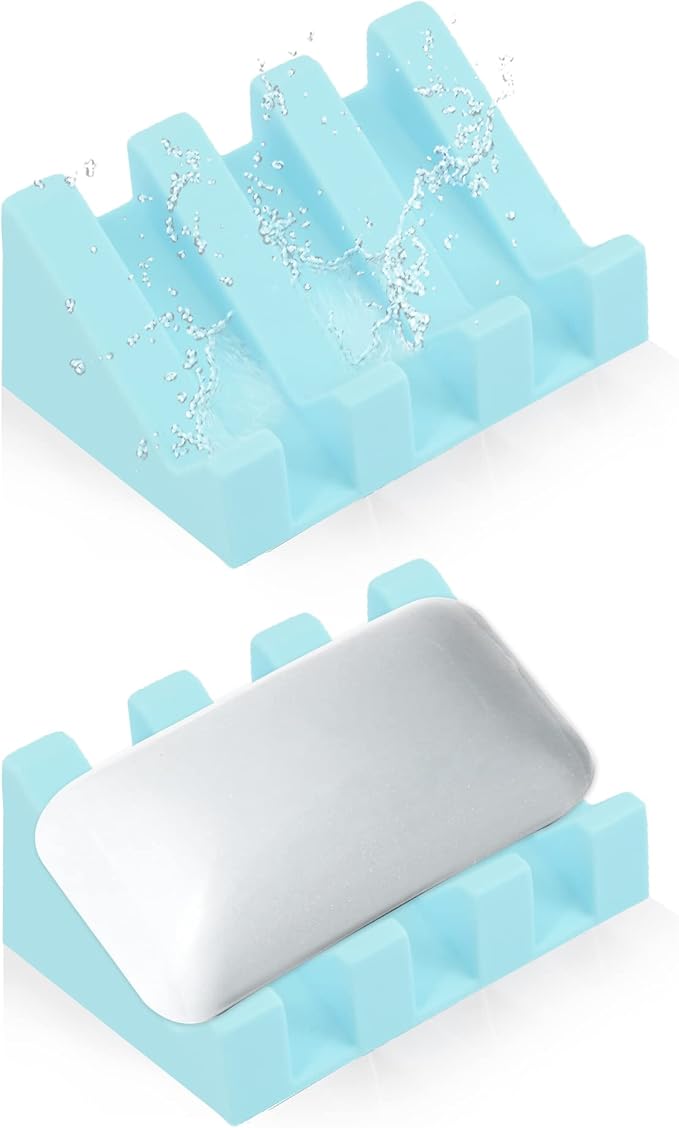 Silicone Soap Dish Self Draining for Shower & Kitchen (Sky Blue,2 Pack) | Waterfall drainage design drains fast to keep soap dry non-slip silicone base, practical soap saver for bathroom & kitchen