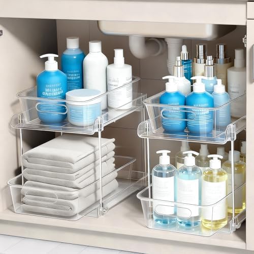 2 Tier Under Sink Organizer Bathroom Organizers and Storage, Clear Stackable Bathroom Cabinet Organizer, Multipurpose Pull-Out Home Organizer for Kitchen and Pantry Storage 2 Pack