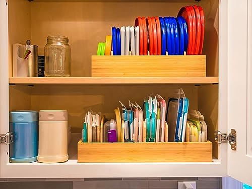Umilife Large Bamboo Food Container Lid Organizer for Kitchen Cabinet