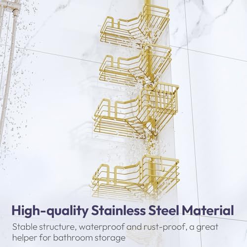 SWTYMIKI Shower Caddy Tension Pole - 4-Tier Corner Shower Organizer Tension Rod with Soap Holder, Toothbrush Holder & 4 Hooks, Adjustable Stainless Steel Shower Shelves 27.6 to 108.3 inch, Gold