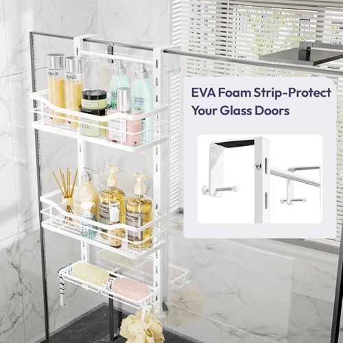 SWTYMIKI Over the Door Shower Caddy - 3 Tier Adjustable Shower Organizer Hanging with Soap Holder, No Drilling Stainless Steel Bathroom Hanging Caddy for Body Wash, Shampoo, Soap, Razor, White