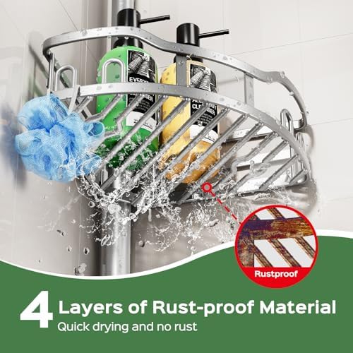 HAMITOR Shower Caddy Tension Pole: Rustproof Quick Install Standing Corner Bathroom Organizer Shelf on Floor for Renters - 4-Tier Large Capacity Storage Rack with Soap Holder for Apartment -Silver