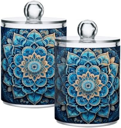 Mandala Pattern Blue Qtip Holder 2 Pack - 10 Oz Clear Plastic Apothecary Jar Set for Bathroom Organization - Versatile Canister Storage for Cotton Balls, Swabs, Rounds