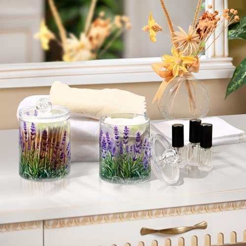 MNSRUU 2 Pack Qtip Holder Organizer Dispenser Lavender Bathroom Storage Canister Cotton Ball Holder Bathroom Containers for Cotton Swabs/Pads/Floss