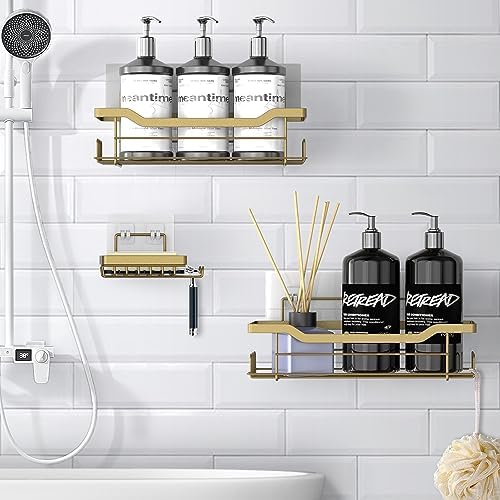 Shower Caddy Shelves Organizer Rack, 3 Pack Shower Caddy with Soap Holder,No Drilling Wall Mounted Self Adhesive Shower Shelves for Inside Shower,Matte Gold